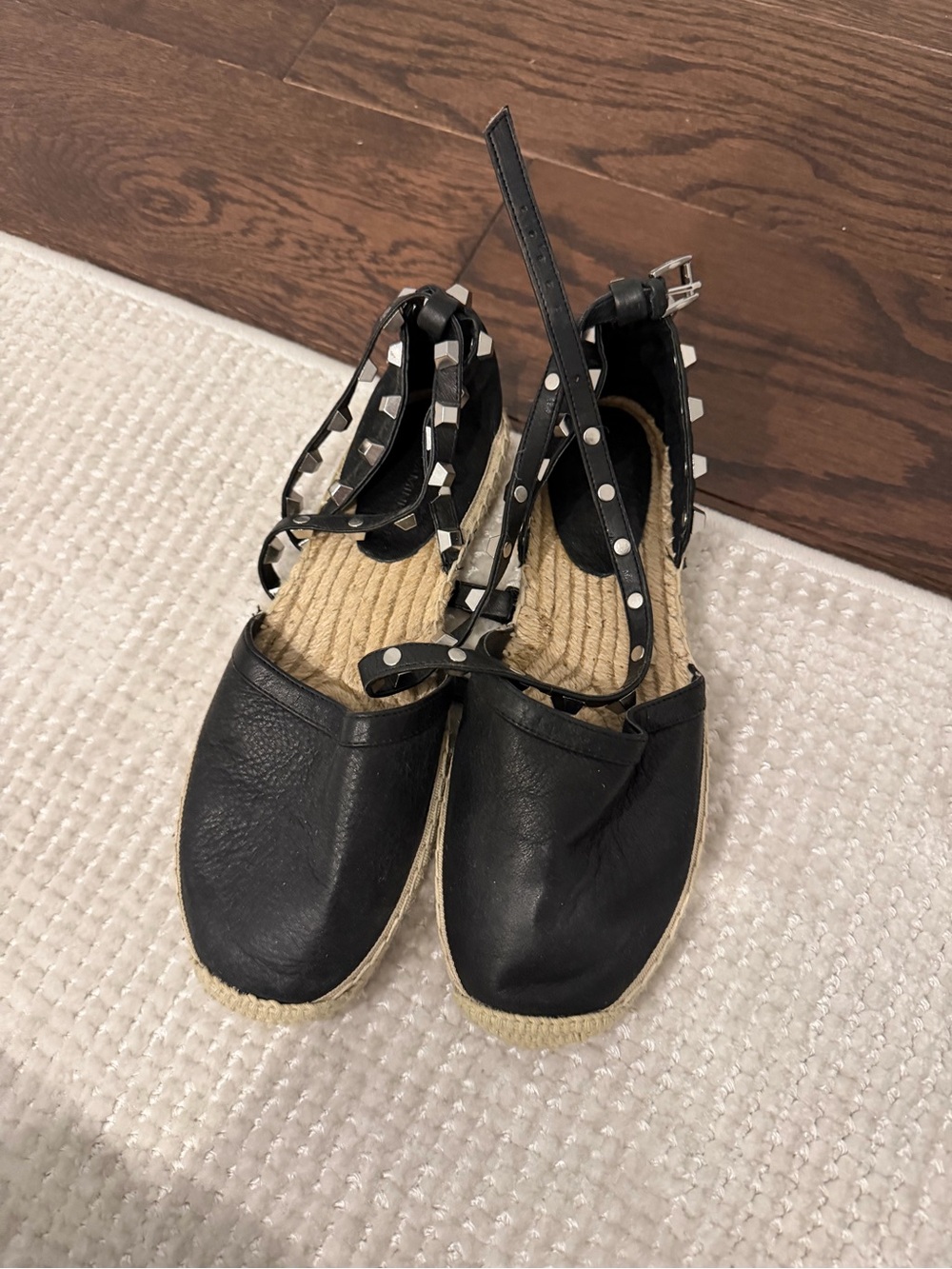 Black Studded Ankle-Tie Espadrille Flats Rebecca Minkoff Authentic 36.5